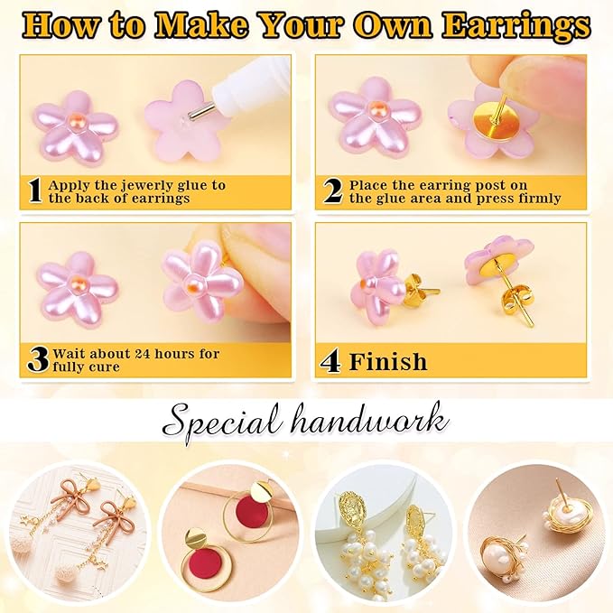 Evatage Jewelry Glue with 1002Pcs Stainless Steel Earring Posts and Backs, Gold Stud Posts with Butterfly and Rubber Bullet Earring Backs for Jewelry Making Supplies Kit