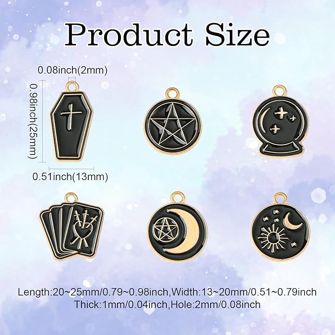 Stiesy 60 Pcs 6 Styles Enamel Black Gold Gothic Tarot Card Divination Card Magic Amulet Metal Charms Bulk for Jewelry Making DIY Necklace Bracelet Earrings Crafts