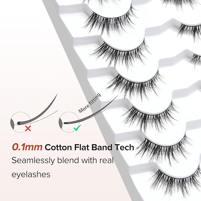 Manga Lashes Wispy False Eyelashes Natural Look 14mm Cat Eyelashes Anime Lashes 0.1mm Thin Band Manhua Lash Strips 3D Volume Strip Lash Pack C Curl Eyelash 7 Pair Siligli