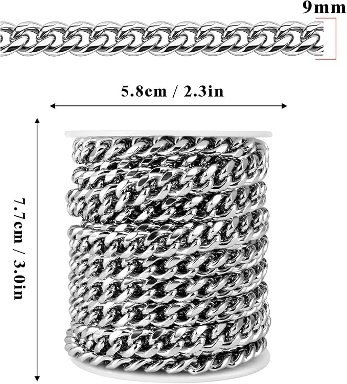 16.5 Feet Stainless Steel Cuban Chains Roll, 9mm Width Miami Curb Link Chains Spool Bulk for Jewelry Meking & DIY Craft
