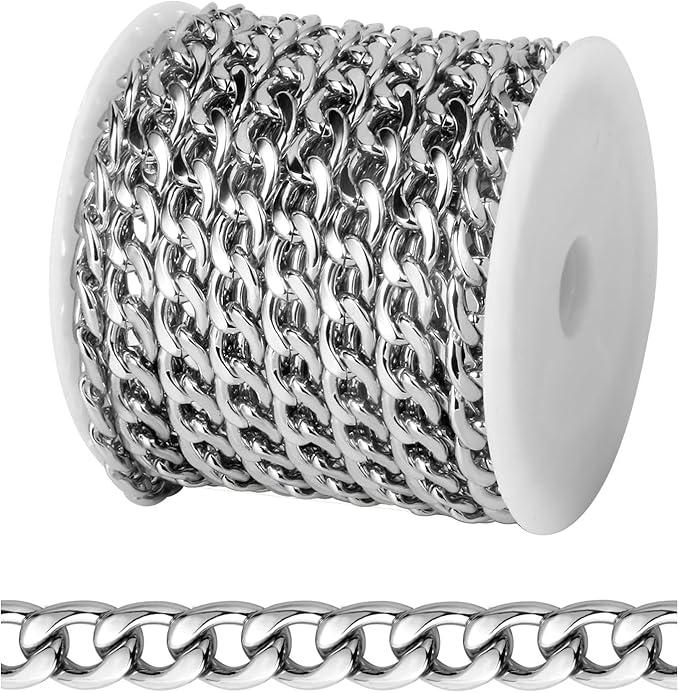 [16.5 FT] Silver Curb Chains for Jewelry Making, 7mm Wide 304 Stainless Steel Cuban Link Chain Roll Bulk for DIY Jewelry Making Craft