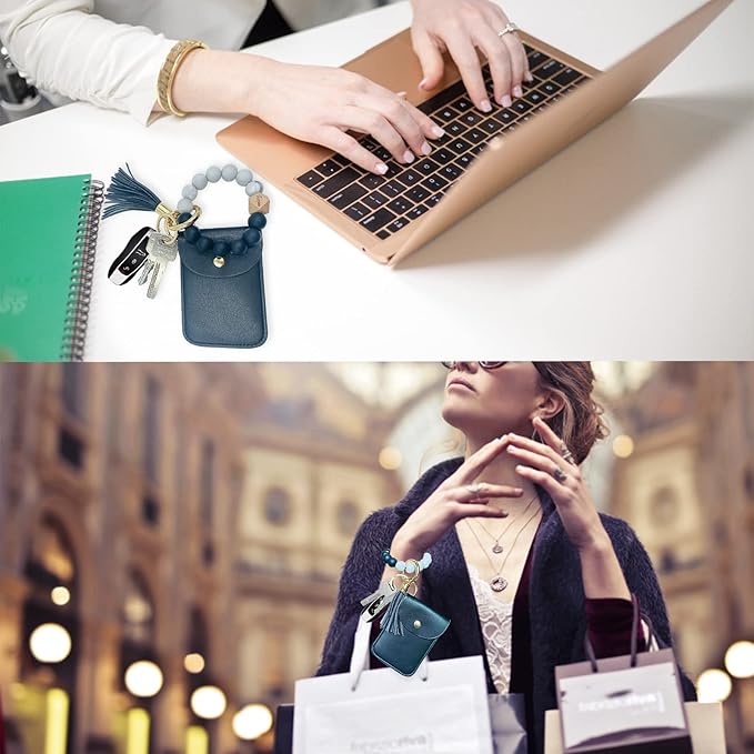 Keychain Wallet Wristlet Small Credit Card Holder Bracelet Key Chain Purse Bangle Tassel Beads Key Rings for Women