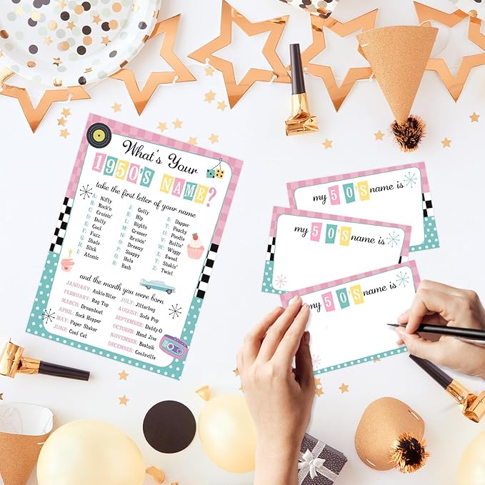 What's Your 1950's Name Game, 1 Double Sided Sign & 30 Sticker Cards, Retro Birthday Party Games for Kids & Adults, Perfect for 50's Sock Hop Themed Party Decorations,5x7 Inch