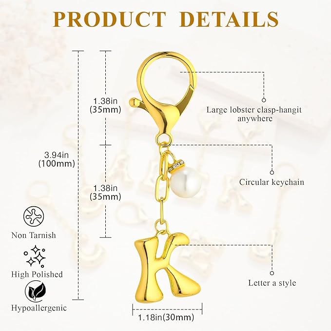 VICKHU Gold Plated Bubble Initial Letter Cute Keychain for Women Car Key Purse Decorative Keyring Handbag Charms Fashion