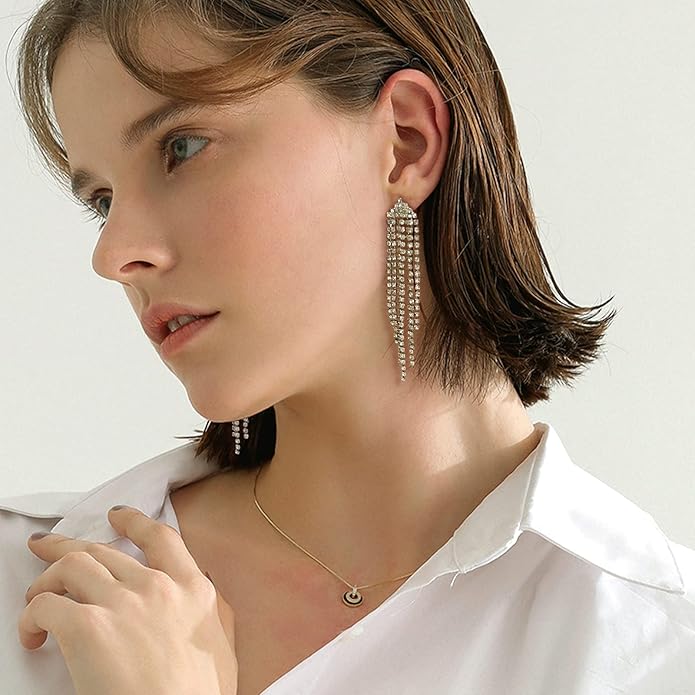 HERIER Rhinestone Earrings Dangling for Women Chandelier Statement Tassel Earrings Girls Silver Sparkly Drop Cubic Zirconia Crystal Earrings Long Dangle Costume Jewelry