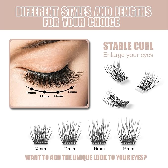 DIY Eyelash Extension, 3D Effect Glue Bonded Band Individual Lash 48 Clusters Volume Lashes Set, Home Eyelash Extension, C curl Lashes Pack 10MM-48 Clusters
