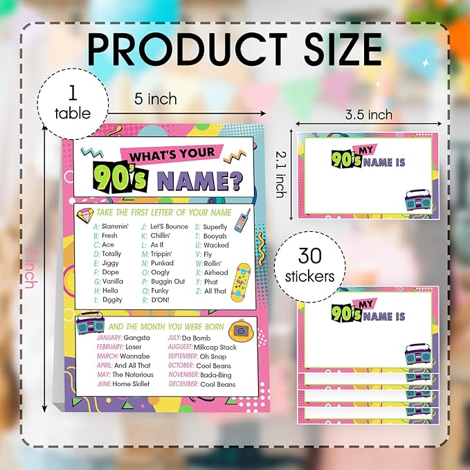 90s Theme Party Decorations, 90'S Theme Birthday Party Sign Decoration for Boys Girls, Kids Activity Cards, What's Your 90'S Name, Activity Decoration Supplies
