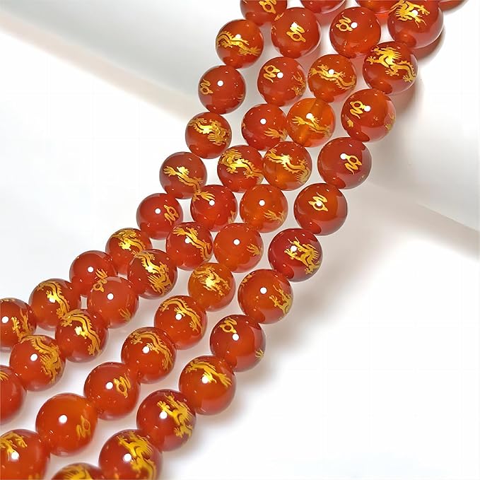 MJDCB Natural Stone Beads 8mm 43pcs Round Red Agate Carved Dragon Loose Gemstone Bead Charms for Jewelry Making Bracelet Necklace Earring Pendant