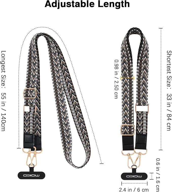 MoKo Universal Phone Lanyard, Braided Adjustable Cell Phone Crossbody Strap Detachable Women & Men Cellphone Lanyards Around The Neck with Patches for iPhone, Most Smartphones, Black & Gray