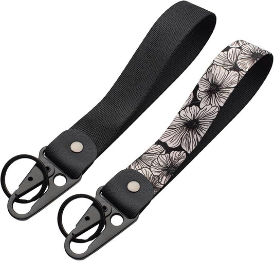 2 Pcs Classic Black & Floral Keychain Wristlet Lanyard for Women couples, Flower Wristlet Strap for Keys Hands-Free Wearable