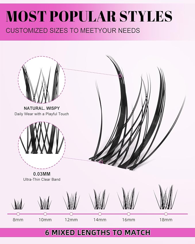 Aphrodite Lash Clusters Kit Wispy Natural 8-18mm Eyelashes Cluster Extension Kit C Curl Spiky Lashes Individual DIY False Lash Extension Kit with Lash Bond and Seal, Thin Invisible Lash Band