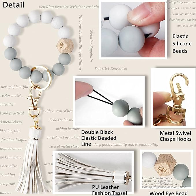 BIHRTC Key Ring Bracelet Car Keychain Holder Wristlet Silicone Women Beaded Bangle Chains