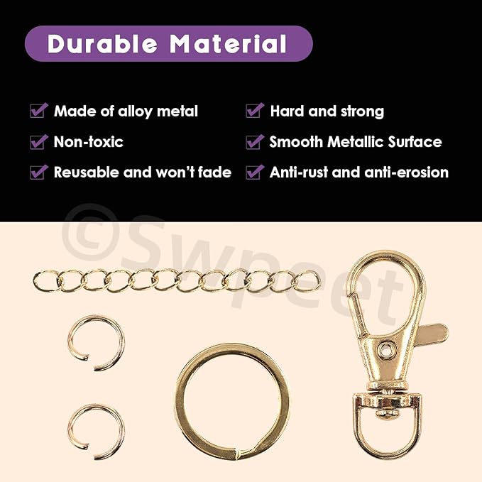 Swpeet 125Pcs Golden Keychain Making Set, 25Pcs Swivel Lanyard Snap Hook, 25P Keychain Ring, 25P Extender Chains, 50P Open Jump Rings, Swivel Lobster Clasps, Keychains Clips