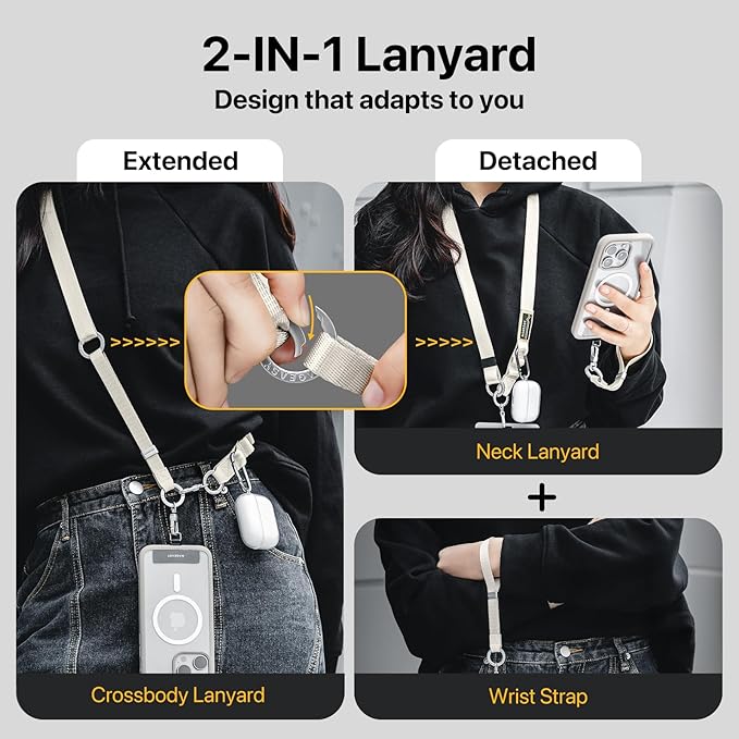 MAGEASY 2-In-1 Cell Phone Lanyard Crossbody - Universal Crossbody Phone Leash & Wrist Strap with Built-in Keychain, Phone Tether Tab | Anti Drop & Anti Theft for Daily & Travel (Concrete Grey)