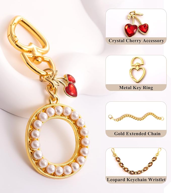 Pearl Initial Keychain with Leopard Bag Charms Wallet Chain Women Cute Alphabet Keychains Charm for Purse Handbag