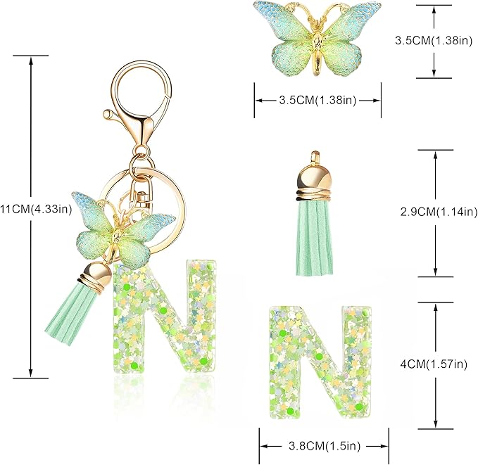 Fashion Alphabet Initial Letter Keychain Tassel Butterfly Pendant Key Ring for Purse Handbags Women Girl