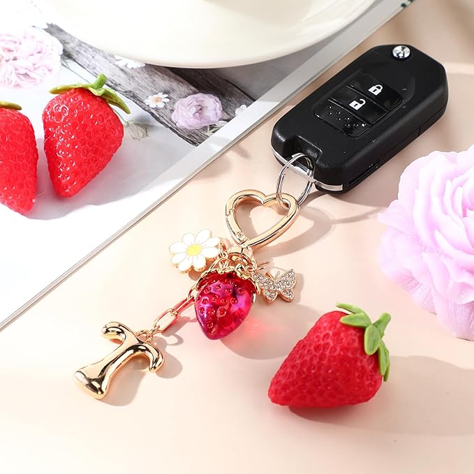 Strawberry Initial Keychain for Women-Cute Kawaii Gold Alphabet Bag Charms, Key chain Gift for Purse Handbag