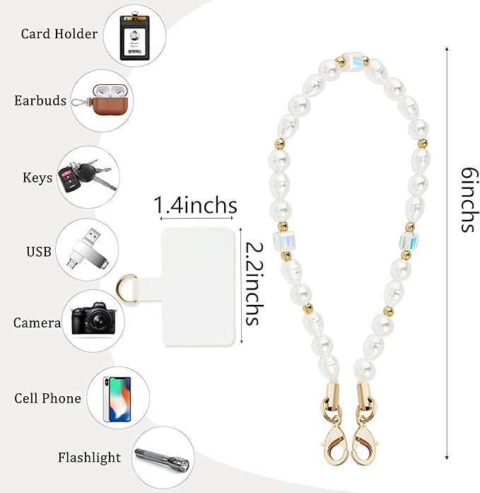 Marble Beaded Phone Wrist Strap,Detachable Phone Bracelet Strap with Tether Tab,Hands-Free Wristlet Strap (White Pearl)