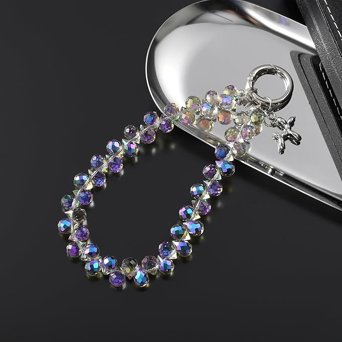 Crystal Phone Wrist Strap Phone Charm Chain Keychain Beaded Cellphone Lanyard with Tether Tab Hands-Free Wristlet Bracelet Wrist Grip Strap for Women, D-Light Purple