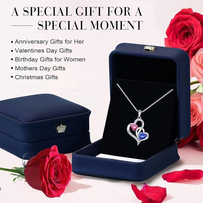 Iefil Valentines Day Gifts for Her, Birthstone Necklace for Women, 925 Sterling Silver Double Birthstone Necklace | Anniversary Birthday Gifts | Personalized Jewelry Gift for Wife Mom Girlfriend