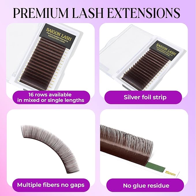 SAIGON LASH Eyelash Extensions, Mink Lash, Volume & Classic Lashes for Professionals, J/B/C/CC/D/L/M Curl, 4-15mm Length, Soft Korean PBT Fiber, 16 Rows Lash Tray (Dark chocolate-C-0.05-8-15mm)