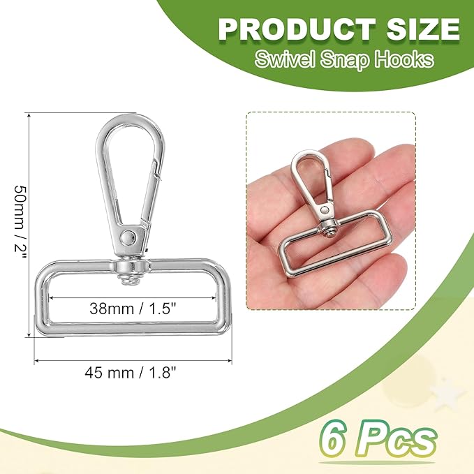 Swivel Snap Hooks, Metal D Ring Keychain Lanyard Clip Hook Lobster Clasp Claw Push Gate Clip - Fitting for(Purse Making - Sewing - DIY Crafts) 6 Pcs & 1.5" & Silver White