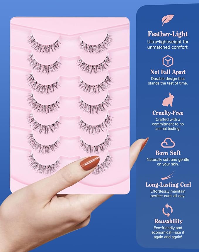 Short Lashes Natural Look Everyday Wispy False Eyelashes Clear Band Strip Eyelash Soft Lashes Fluffy Pack 7 Pairs C4