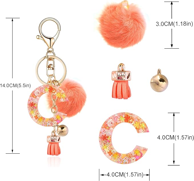 Resin Alphabet Initial Letter Keychain Keyring for Women Purse Handbags With Fur Ball Pom