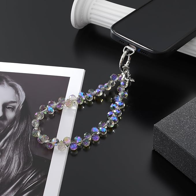 Crystal Phone Wrist Strap Phone Charm Chain Keychain Beaded Cellphone Lanyard with Tether Tab Hands-Free Wristlet Bracelet Wrist Grip Strap for Women, D-Light Purple