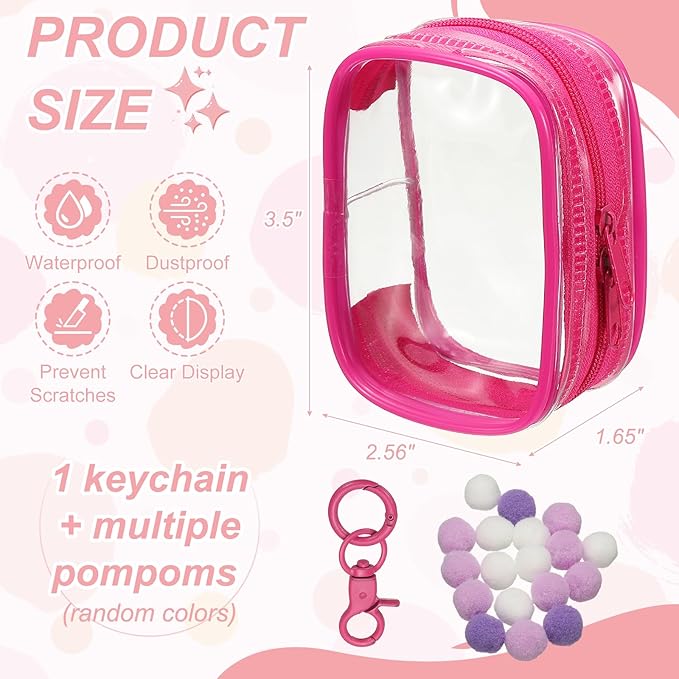 uxcell 3.5 Inch Clear Figure Display Bag, Mini Clear Pouch Waterproof Coin Pouch with Keychain and Pom Poms for Blind Box Doll Display (Square, Red)