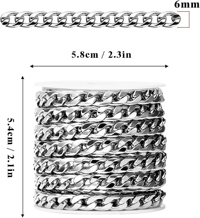 16.5 Ft Stainless Steel Curb Chains, 5mm 6mm 7mm 9mm Cuban Chain Roll Bulk for Jewelry Making