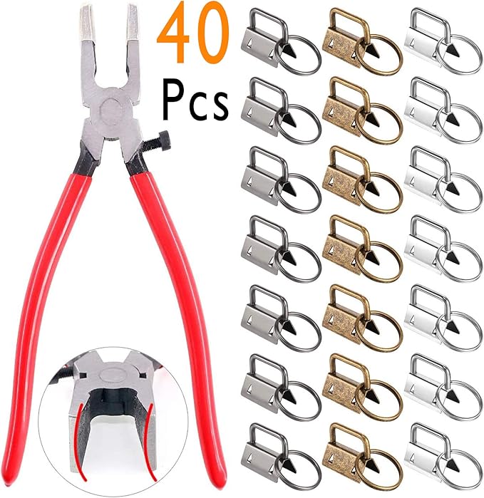 Qovydx 40Pcs Key Fob Hardware Kit with 39Pcs 1 Inch Key Fob Hardware, Clamp, Pliers, Tool for Faux Leather Wristlet Keychain Crafts