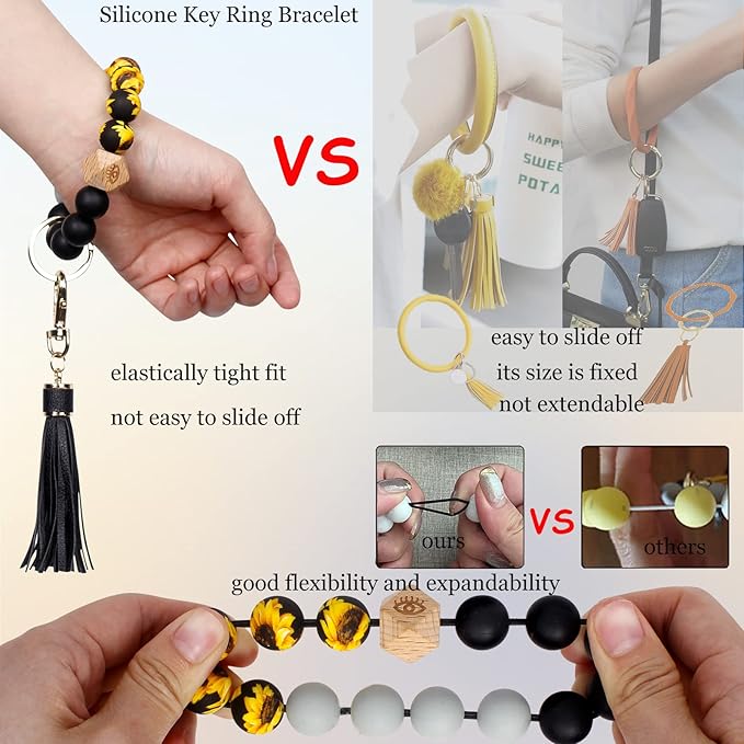 BIHRTC Key Ring Bracelet Car Keychain Holder Wristlet Silicone Women Beaded Bangle Chains