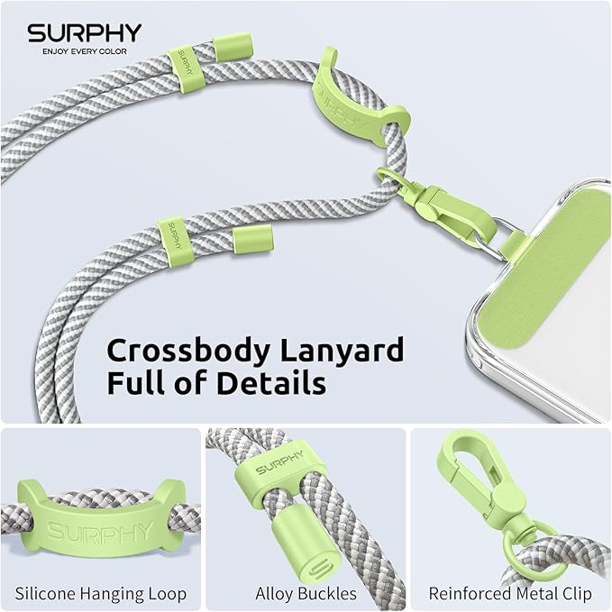 SURPHY Phone Lanyard, Adjustable Phone Strap Crossbody with 2 Pack Phone Tether Tab, Premium Metal Buckles and Two-Color Braided Cell Phone Lanyard Crossbody for Women and Men, Gray & White