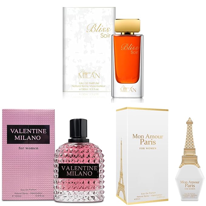 A CENTER Perfum Combo Set for Women - Floral Fragrance with Jasmine, Rose & Lily of the Valley | 3.4 Fl Oz Each Women Cologne Gift Set (Bliss Soir/Valentine Milano/Mon Amour Paris)