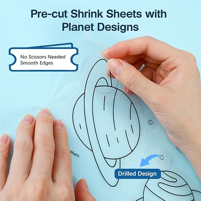 Auihiay 33Pcs Shrink Plastic Sheets Kit, 18 Pre-Cut Solar System Charms, 2 Blank Shrink Papers, 12 Color Markers, Planet-Themed KT Board for Window Hanging Decor