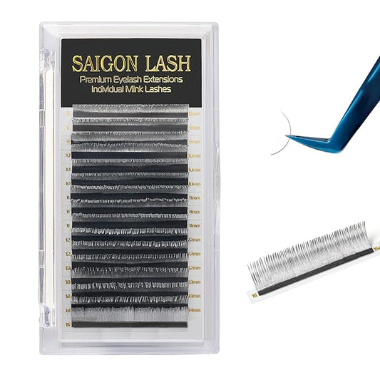 SAIGON LASH Eyelash Extensions, Mink Lash, Volume & Classic Lashes for Professionals, J/B/C/CC/D/L/M Curl, 4-15mm Length, Soft Korean PBT Fiber, 16 Rows Lash Tray (New Sliver-CC-0.07-8-15mm)