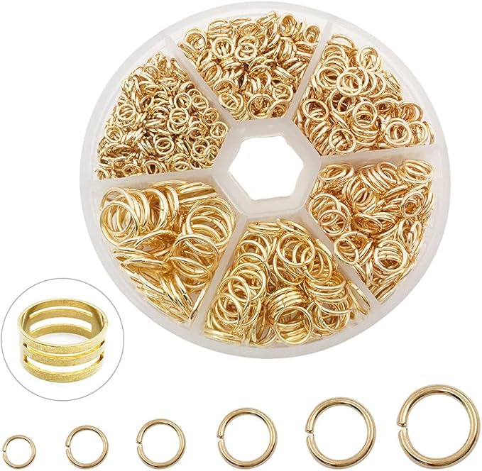 1500Pcs Mixed 6 Sizes Open Jump Rings,4mm 5mm 6mm 7mm 8mm 10mm Jump Ring Jewelry Keychain for Jewelry Making Accessories with 1Pcs Jump Ring Open/Close Tool and 1Pcs Storage Box (KC Gold)
