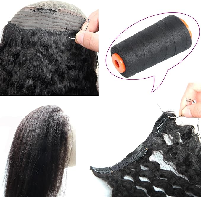 Polyester Sewing Thread with 3 Pcs Curved Needles Using for Hand Sewing, Hair Extensions, Wig Making, Modelling Crafts