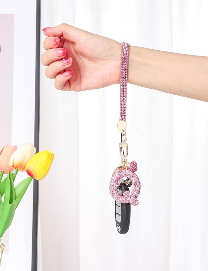 Initial Keychain for Women Girls,Bling Letter Key chain Initial with Heart,Pink Keychain Charms for Backpack Handbag