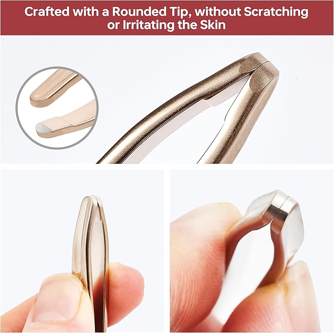 Beard Tweezers for Man, Professional Round Tip Pucker for Chin, with Leather Travel Case (Champagne gold)