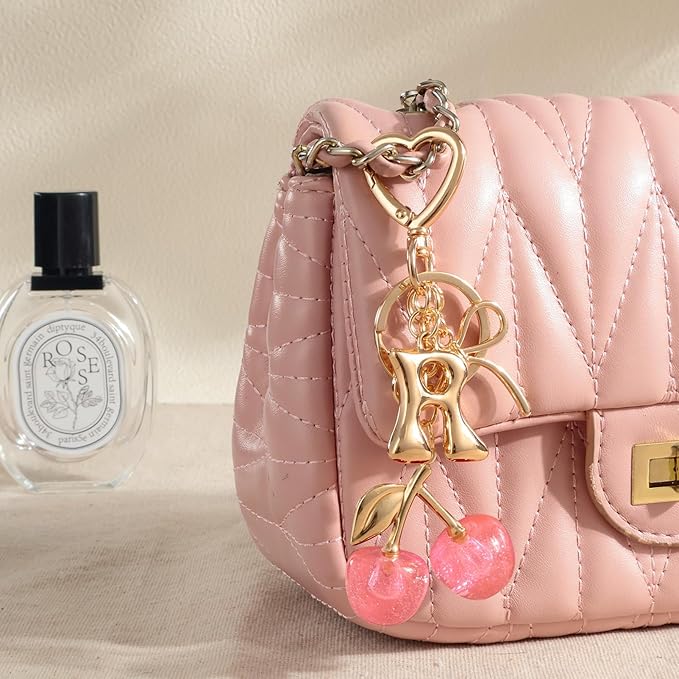 Snycler Bubble Initial Keychain with Cherry & Bow - Gold Letter Bag Charms for Women, Cute Purse Handbag Accessories
