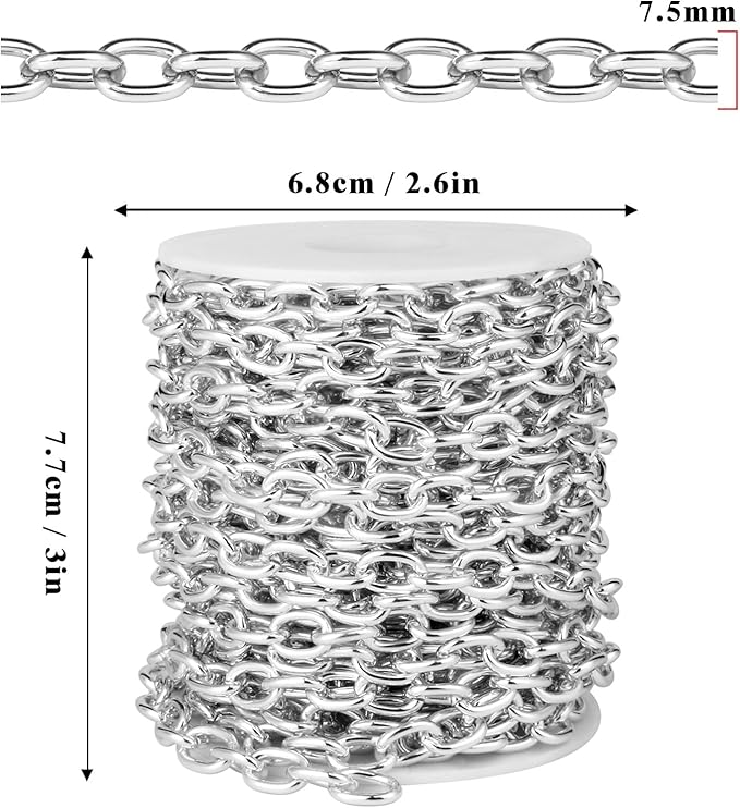33 Feet Silver Rolo Cable Chains Roll, 7.5 MM Silver Plated Aluminium Oval Cable O Links Chain Bulk Spool for Jewelry Making DIY Craft