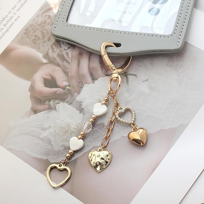 Pearl Beaded Keychain Charms, Cute Purse Charms for Handbags, Gold Starfish Keyring for Women, Heart Star Moon Shell