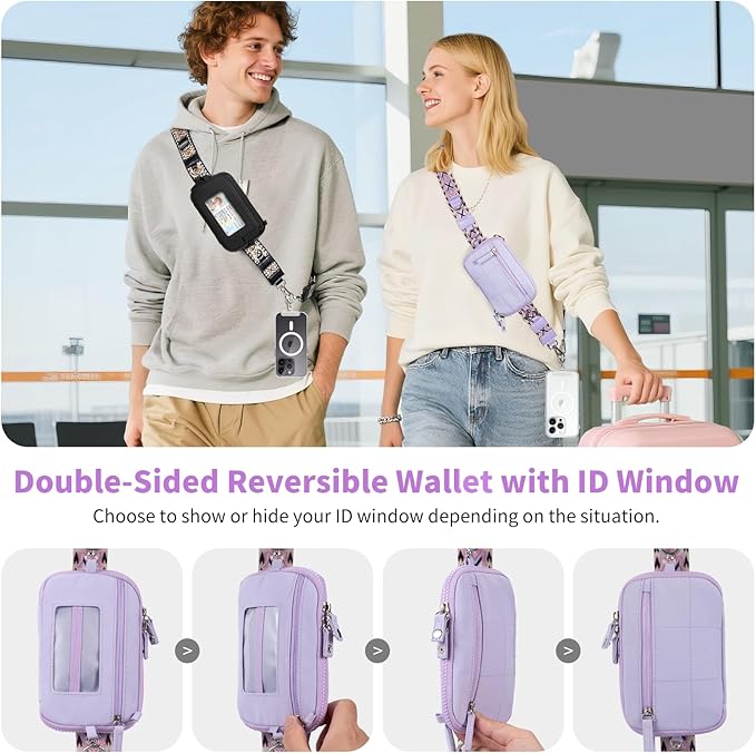 Clip and Go Strap for Phone with Wallet Crossbody Phone Lanyard with Anti-Theft Zipper Pouch Detachable Quilted Wrist Wallet with RFID and ID Window for Daily Travel.