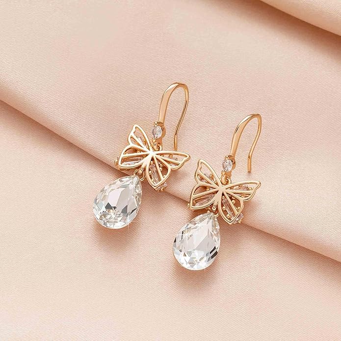 Austrian Crystal Teardrop Butterfly Drop Dangle Earrings for Women 14K Rose Gold Plated Hypoallergenic Jewelry
