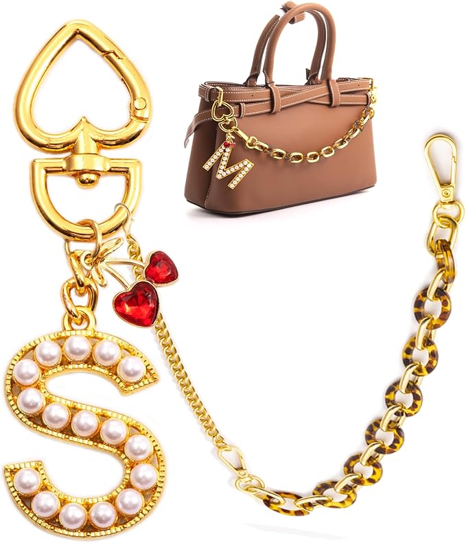 Pearl Initial Keychain with Leopard Bag Charms Wallet Chain Women Cute Alphabet Keychains Charm for Purse Handbag