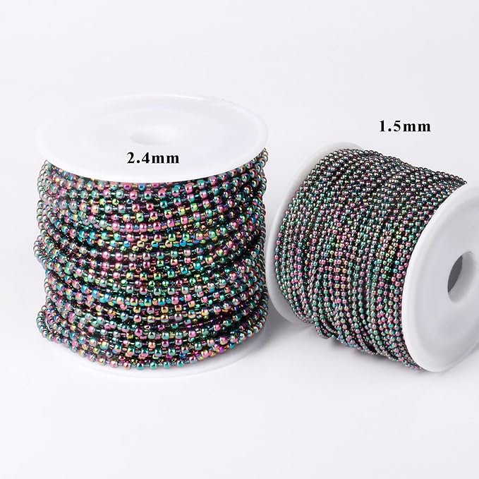 [50 Feet] Rainbow Stainless Steel Ball Bead Chains Roll, 2.4mm Width 304 Stainless Steel Ball Chains Spool with 30 PCS Connectors Bulk for Jewelry Making
