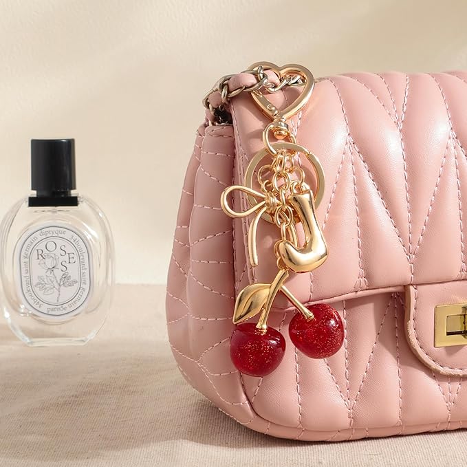 Snycler Bubble Initial Keychain with Cherry & Bow - Gold Letter Bag Charms for Women, Cute Purse Handbag Accessories