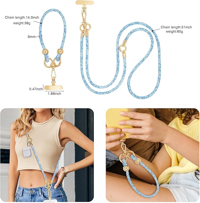 Crystal Phone Strap Crossbody and Wrist Lanyard, Anti Theft Layered & Wrist Strap Cell Phone Neck for Women
